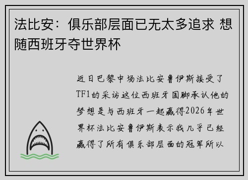 法比安：俱乐部层面已无太多追求 想随西班牙夺世界杯